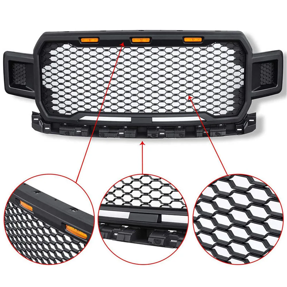 Matte Black Grill ABS Front Bumper Grilles Upper Grilles With LED Light Raptor Style Auto Parts Grille For F150 2018~2020 images - 6