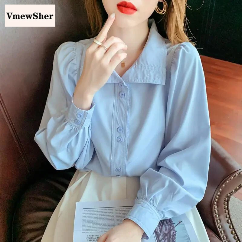 

VmewSher New Spring Chic Women Shirt Blue Plain Puff Long Sleeve Single Breasted Vintage Blouse Lady Elegant Solid Summer Tops