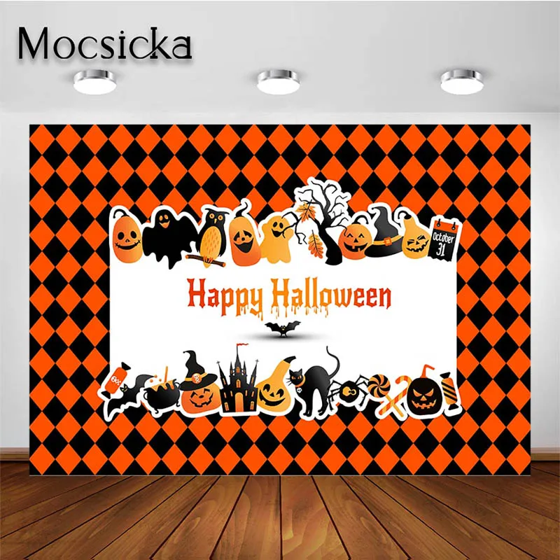 Mocsicka Happy Halloween Backdrops for Photography Black Orange Pumpkin Ghost Decoration Background Party Photoshoot Prop Banner