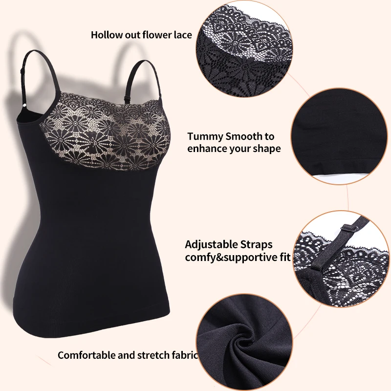 Lace Cami Shapewear Women Body Shaper Tummy Control Flat Belly Patchwork Camisole Seamless Essential Tank Top Black All Day Vest