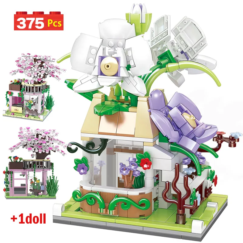 

386pcs City Street View Mini Cherry Blossoms Plant Flower Building Blocks Friends Orchid Architecture Figures Bricks Toy For Kid