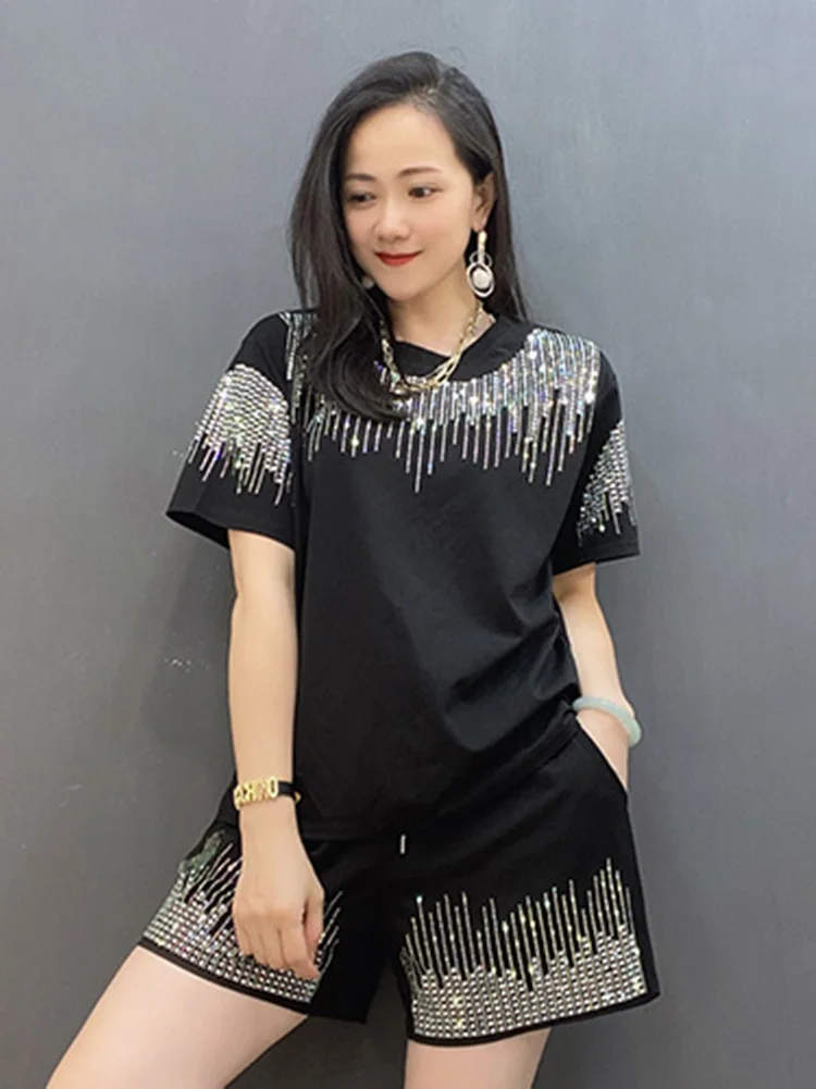 

2022 New Summer Fashion Loose Hot Drilling O-neck Short Sleeve T-shirt + Casual Wide Leg Short Pants Trendy Shorts and Top Suit