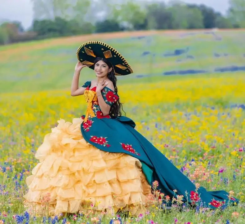 Бирюзово-синие мексиканские платья принцессы Charro Quinceanera с открытыми плечами и