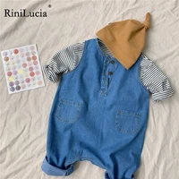 rinilucia 2022 new baby sleeveless romper infant boy denim jumpsuit toddler overalls striped t shirts autumn kids clothes set