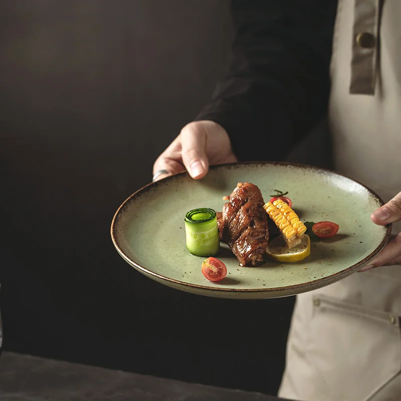 

Керамическая посуда в стиле ретро, домашняя обеденная тарелка, керамическая посуда в японском стиле, поднос для традиционного стейка, посуд...