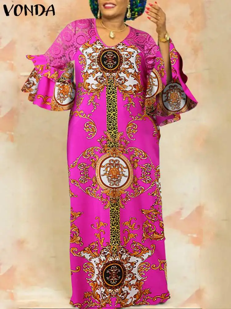 

VONDA кружевное Макси-платье 2023, женское летнее вечернее платье, богемное лоскутное сексуальное платье с рукавом 3/4 и V-образным вырезом, пляжные платья с принтом