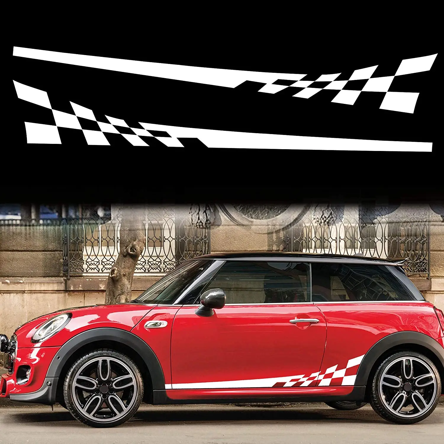 

TOMALL 1 Pair 77.2'' Racing Checkered Flag Side Stripe Decals Compatible with Mini Cooper Lattice Grid Stripe Graphic Waterproof