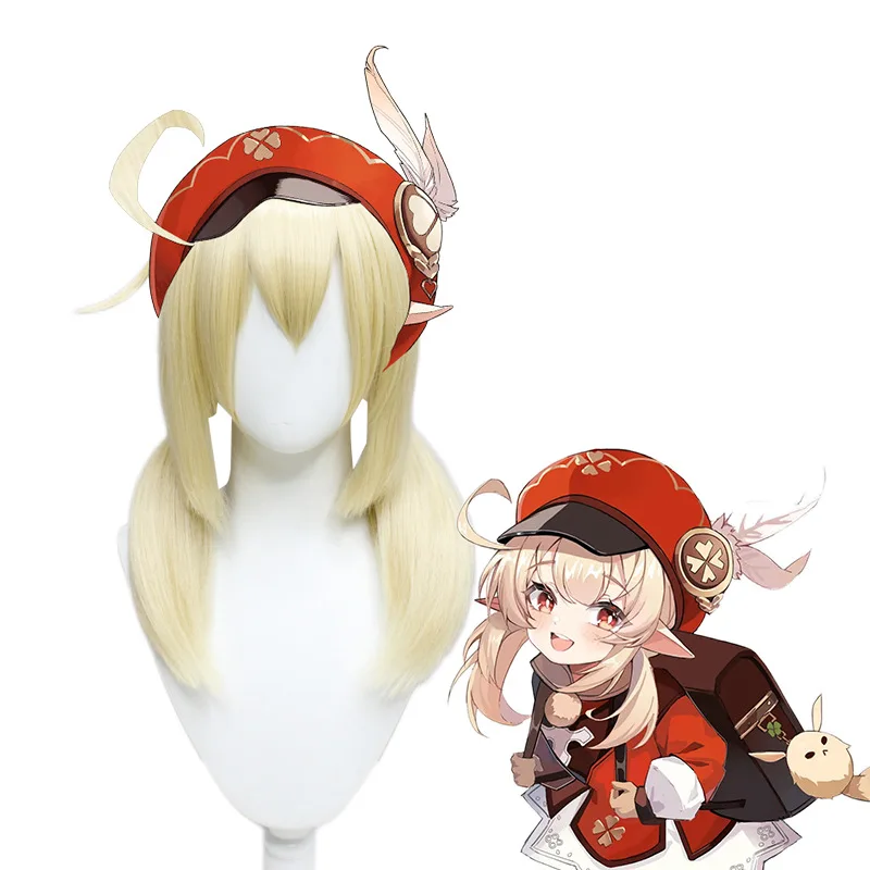 

Game Genshin Impact Klee Cosplay Wig Blonde Ponytails Heat Resistant Synthetic Hair Anime Short Cosplay Wigs + Wig Cap