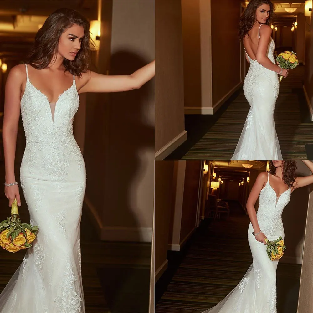 

Sexy Open-Back Mermaid Wedding Dresses For Women 2023 Spaghetti Plunging Neckline Lace Bridal Gowns Vestido De Noiva Custom Made