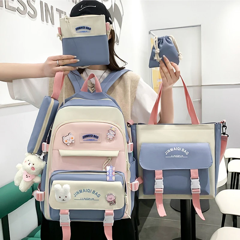 

5 Pcs Sets Fashion Women Backpack Cute Nylon Waterproof Schoolbags Teenage Girl Kawaii Bookbag For Girls Bookbags Travel Mochila