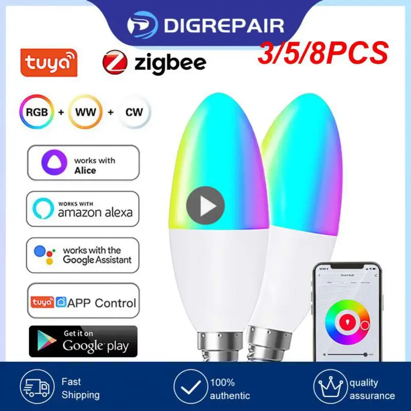 

3/5/8PCS E14 Led Bulb Tuya Zigbee 5w Smart Light Bulb For Alexa Google Home Yandex Alice Rgbcw Candle Light Bulbs Smart Home
