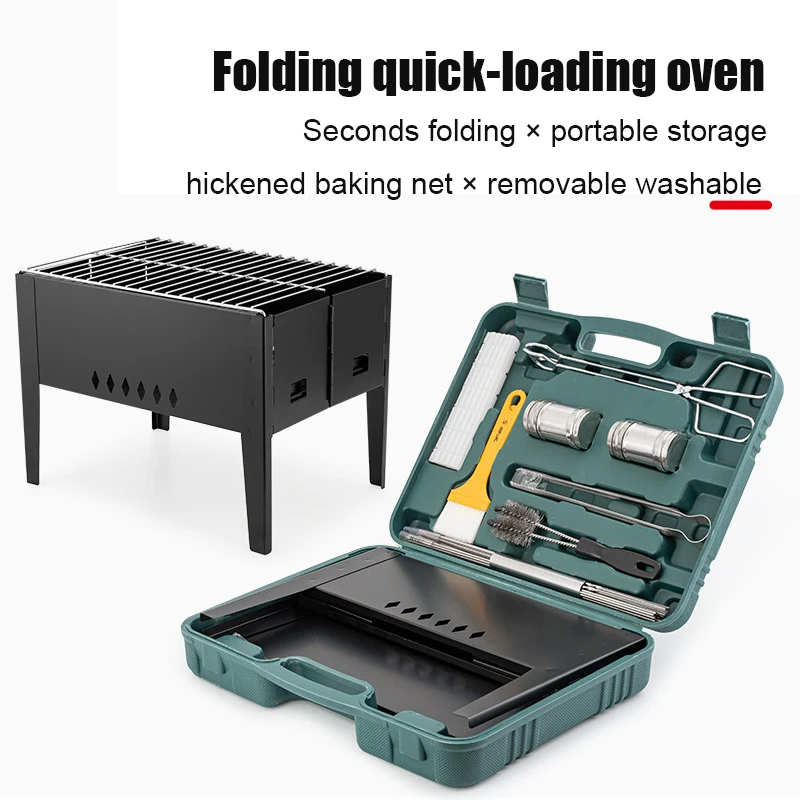 

2022 New ortable BBQ Stove Grill Folding Rubber Box Oven Set Outdoor Camping Picnic stainless Steel Barbecue Rack 8-Piece Set