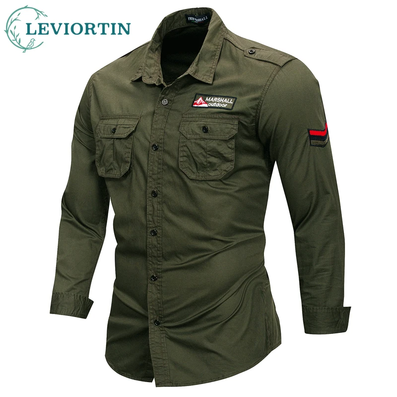 

2022 Mens 100% Cotton Military Shirts Casual Dress Long Sleeve Slim Tops Work Shirt Male Solid Color Trendy Chest Pocket