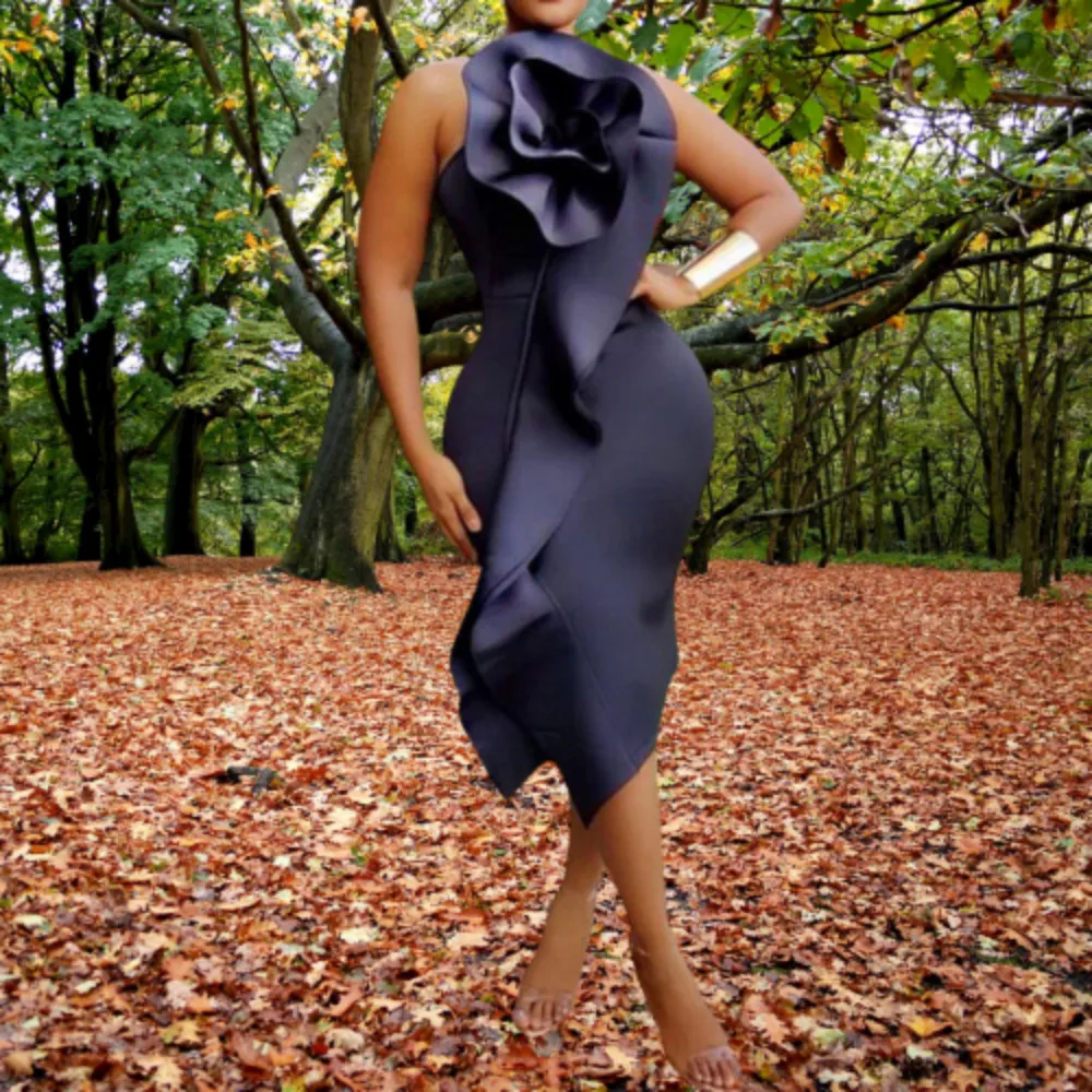 

Straps Party Bodycon Dress Women Summer 2022 3D Ruffles Floral Sleeveless Slim Black Sexy African Fashion Midi Dresses Elegant