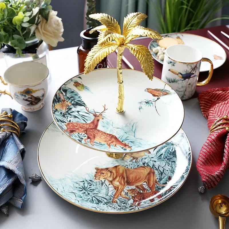 Двухслойная керамическая тарелка с фруктами и рисунком животных джунглей для