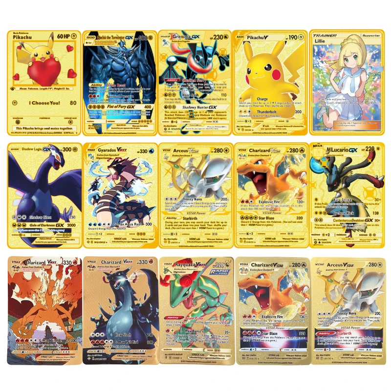 

Pokemon Charizard Mewtwo V MAX MEGA Gold Metal Card Super Game Collection Anime Cards Toys for Children Birthday Christmas Gift