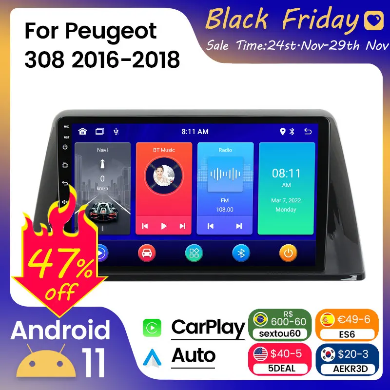

Автомагнитола 2DIN, без DVD, Android 11, 8G, 128G, для Peugeot 308 2016-2018, мультимедийный стерео плеер, головное устройство Carplay +, авто, Wi-Fi, 4G, ASP, BT