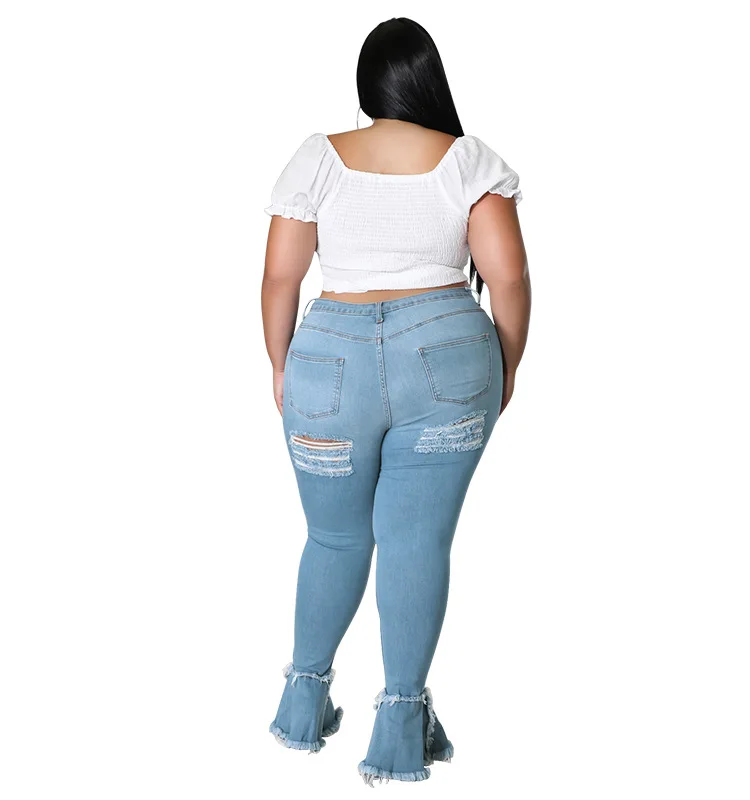 S--5XL Fashion Women Jeans Washed Denim Lace up Hollow Out Ruffles Bottom Stretchy Flare Jeans Club Streetwear 5XL images - 6