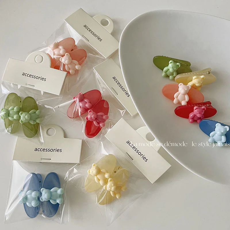 

2022 Summer 2PCS Jelly Color Cute Bear Small Geometry Hair Clips For Girl Kawaii Fairy Pink Hairpin Fashion Accessories Gift