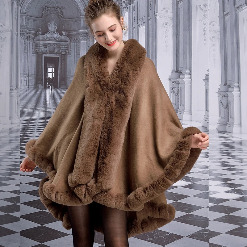 

Winter Fashion Thick Faux Rex Rabbit Fur Overcoat Cloak Women Fall Winter Knit Coat Long Handcraft Noble Elegant Cape Warm Wraps