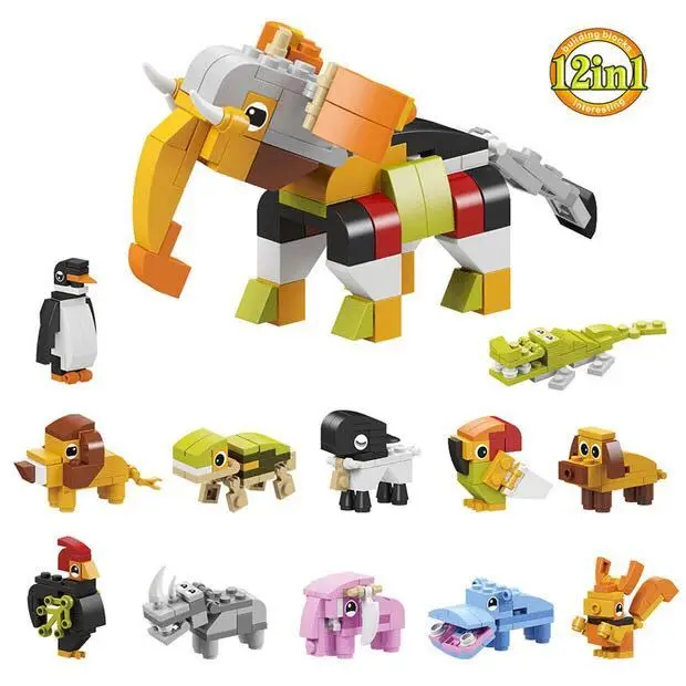 

12-in-1 Animal Kingdom Building Block Brick Set Elephant Lion Compatible with Kid Educational Toy for Children Boy Girl