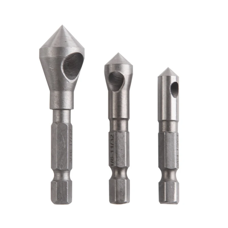 

3 шт. сверло для удаления заусенцев с зенкером под 90 ° с шестигранной ручкой, скошенное отверстие, резак для снятия фаски, подшипник, стальной инструмент для открывания отверстий по дереву
