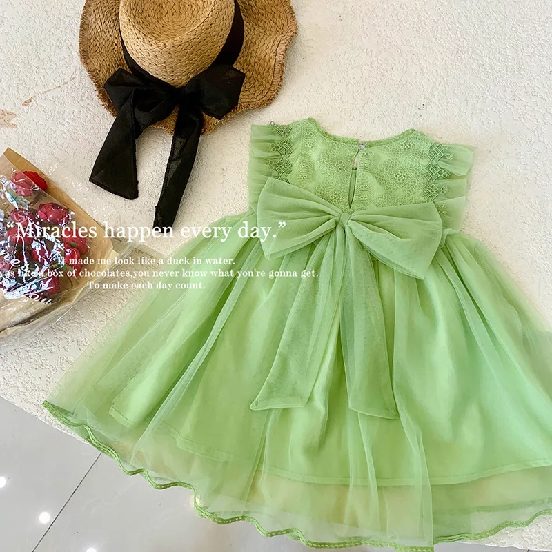 

Girls Dress Summer New Girls Sweet Bow Sleeveless Net Sha Princess Skirt 2-8 Years Old Pompous Dress Ropa De Niña