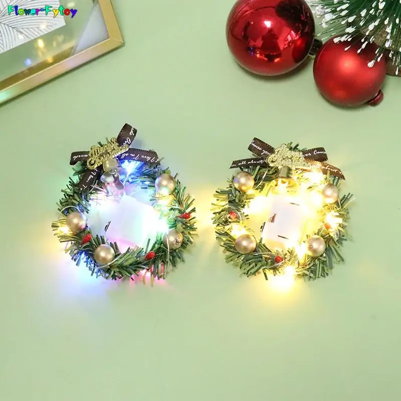 

1/12 1/6 миниатюрная Рождественская гирлянда для кукольного домика, венок со светодиодсветильник кой, миниатюрный Рождественский венок, модель кукольного домика, декоративные аксессуары, 1 шт.