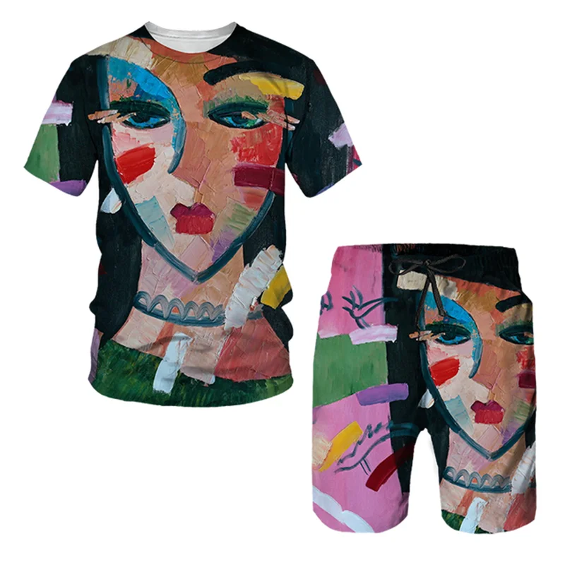 Summer Abstract Portrait Printing Men's T Shirt Loose O-neck Short Sleeve  Casual Comfortable Shorts 2 Piece Outfit Men Clothing