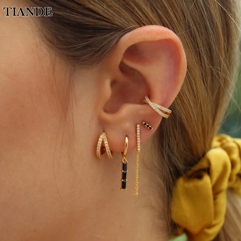 

TIANDE Gold Plated Dangle Earring for Women Black Zircon Piercing Women's Hoop Drop Earrings 2022 Fashion Jewelry Wholesale