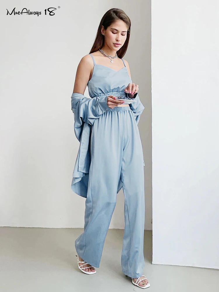 

Mnealways18 Home Wear Womens 3 Pieces Set Satin Robe Shirt And Pants With Sexy Camisole Sleepwear Long Sleeve Casual Home Suits