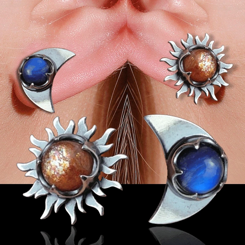 

Fashion Bohemia Sun Moon gems Stud Earrings For Women Men Boho Moonstone Asymmetrical Earring Ear Studs Jewelry Gift