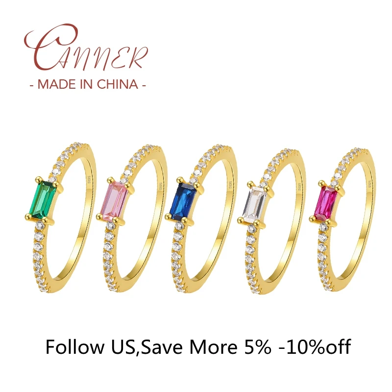 

CANNER 925 Sterling Silver Engagement Rings Exquisite Colorful Rectangular Zircon Finger Ring For Lovers' Wedding Jewerly Gift
