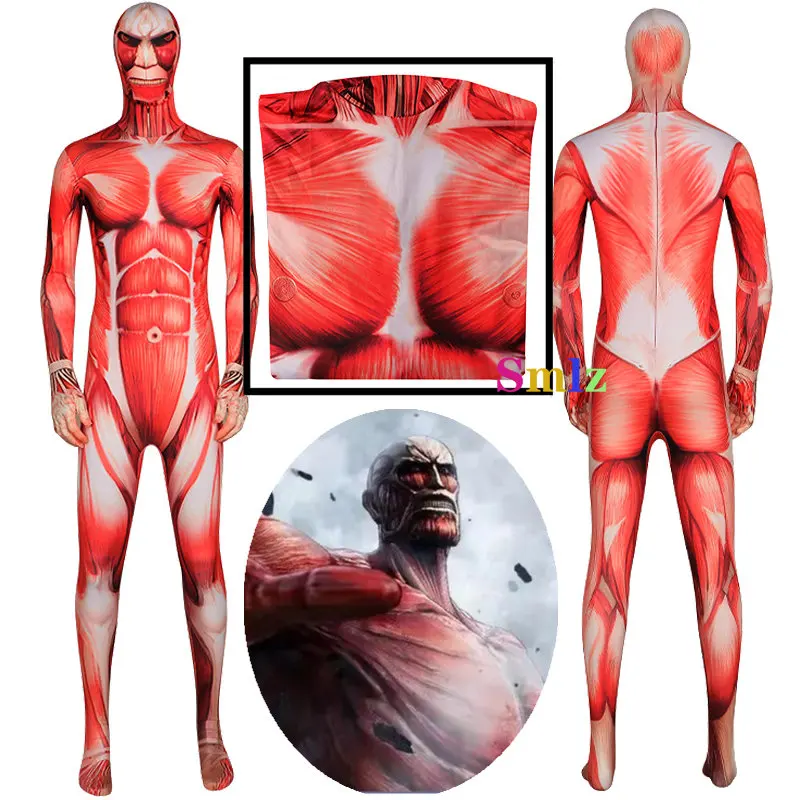 

Wholesale Attack on Titan Cosplay Jumpsuits Anime Human Muscles Red Muscle Bodysuits Halloween Costumes Party Clothing