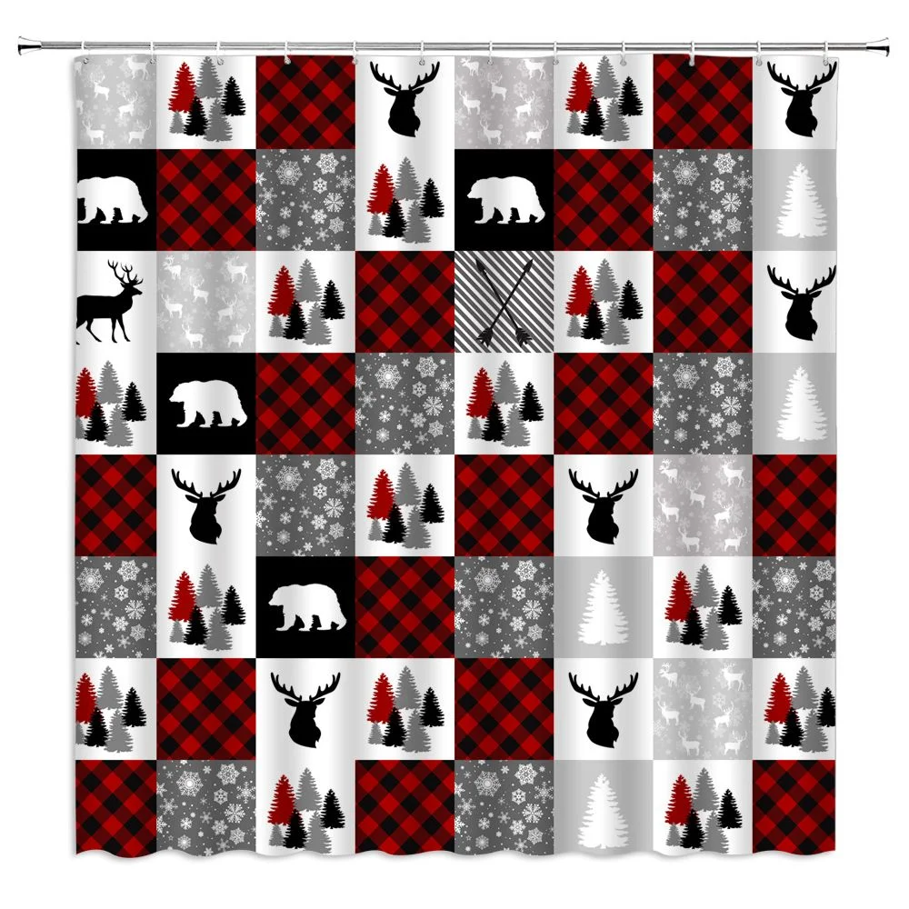 

Buffalo Lattice Shower Curtain Animal Bear Deer Silhouette Stitching Design Bathroom Decor Bath Courtain Polyester Fabric Hooks