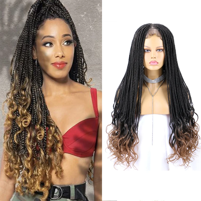 Belle Show Long Box Braid Wig With Curly End Lace Front Wig Synthetic Braided Wigs With Baby Hair For African Women