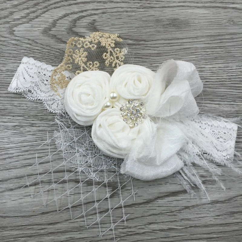 

H37A Kids Baby Girl Sweet Lace Headband with Satin Flower Rhinestone Pearl Feather Vintage Newborn Headwrap Princess Elastic