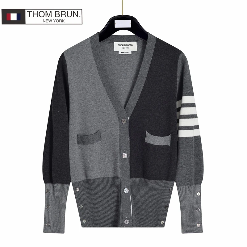 

Women's Sweater V-neck Color Contrast Knitted Cardigan TB Couple Slim Long-Sleeve Striped Jacket THOM BIRUCRO