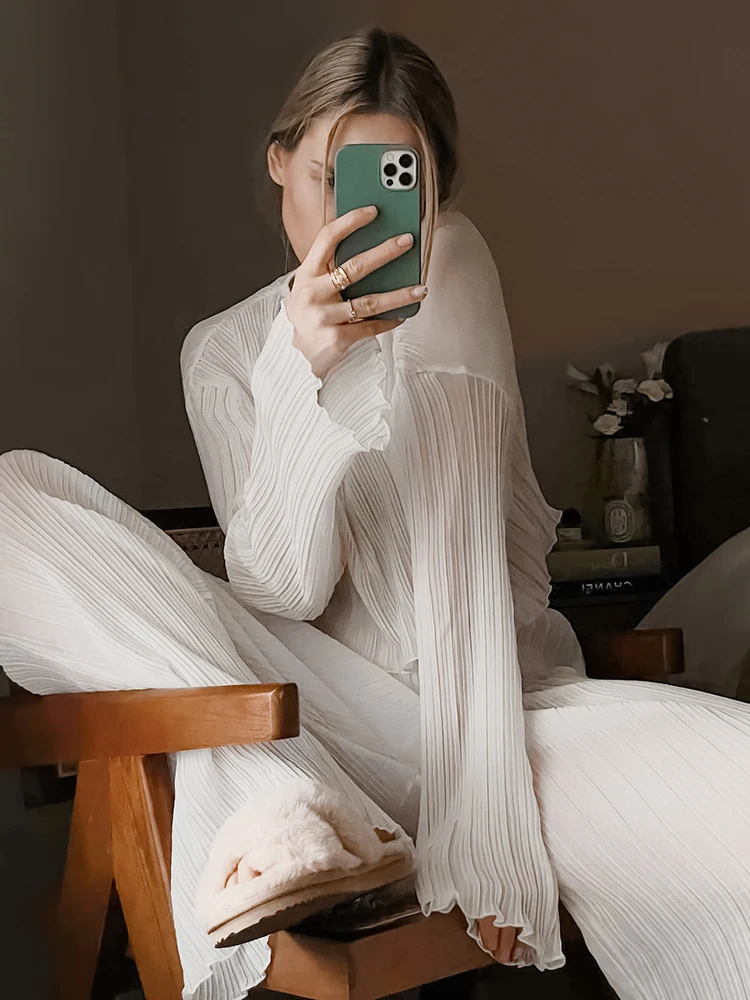 

See Through Sexy Sleepwear Ruffled Crop Tops Long Sleeve Pajamas For Women Sets Loose High Waist Women's Suit 2023 Spring