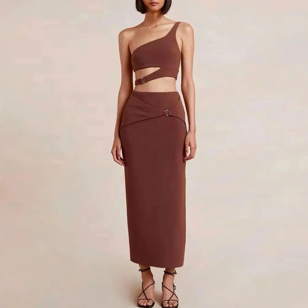 

Women's Fashion Casual Set sexy slim sling tops + high waist midi skirt