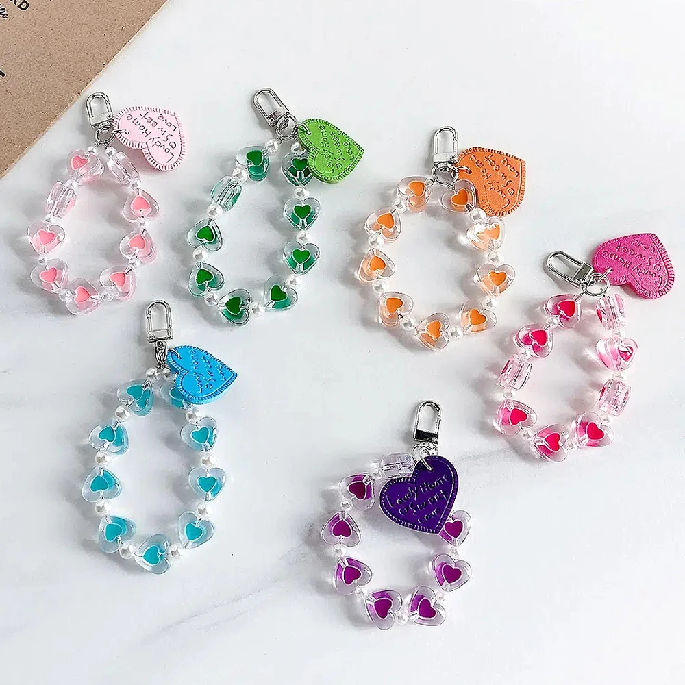 6 Styles Kawaii Acrylic Heart Wristlet Keychain Girls Phone Decor Clear Pu Leather Peach Heart Pendant Keyrings For Purse Charms images - 6