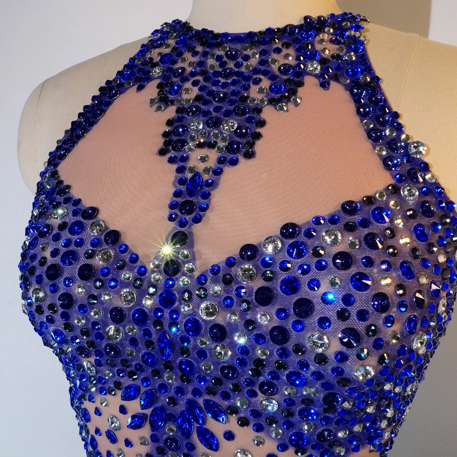 Sexy See-through Mesh Blue Rhinestone Bodysuit Adult Women Bar Stage Dance Performance Leotard Birthday Party Drag Queen Costume