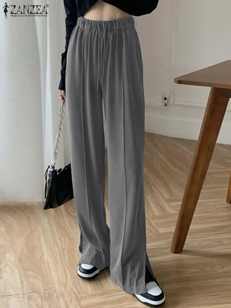 

Women Casual Solid Elastic Waist Trouser ZANZEA Elegant Loose Pant Oversize Work Pantalon Side Split Wide Leg Palazzo OL Capris