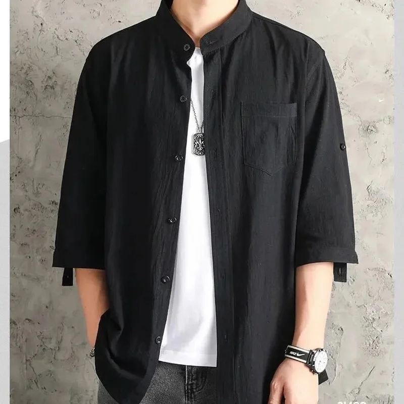 

Cotton Linen Shirt Men's Summer Short-sleeve Oversized Black White Shirts Stand Half-sleeve Shirt Mens Top Camiseta Masculina