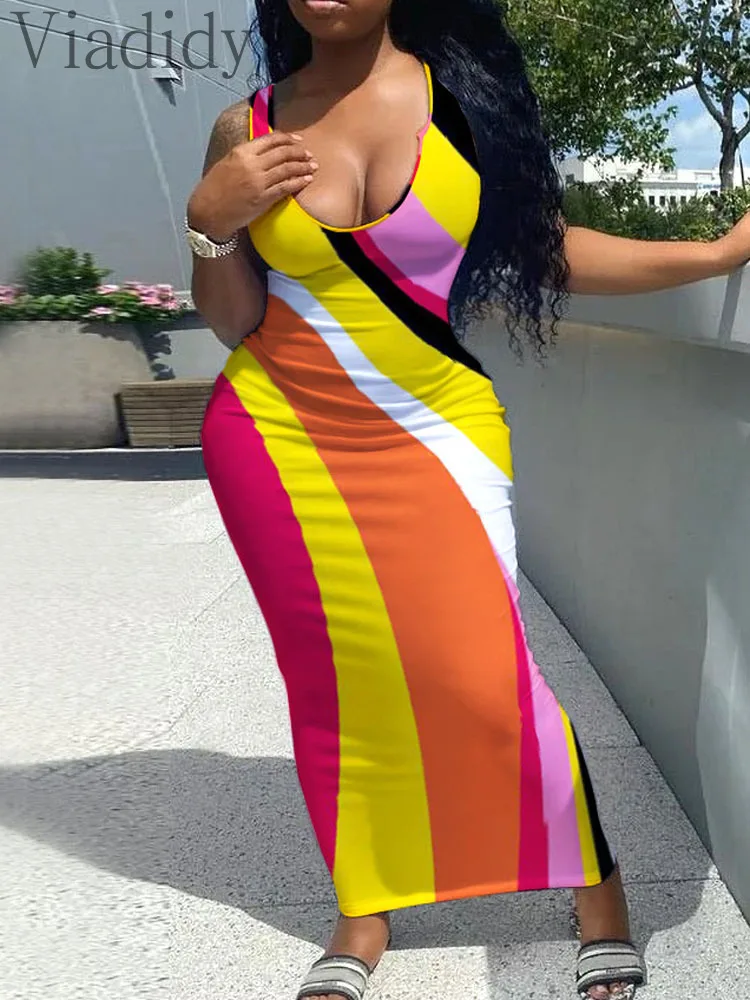 

Women Sexy Print Sleeveless O-Neck Slim Fit Maxi Dress