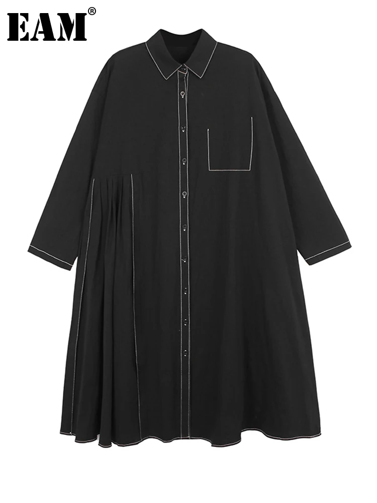 

[EAM] Women Black Topstitched Pleated Big Size Shirt Dress New Lapel Long Sleeve Loose Fit Fashion Spring Autumn 2022 1DF1307