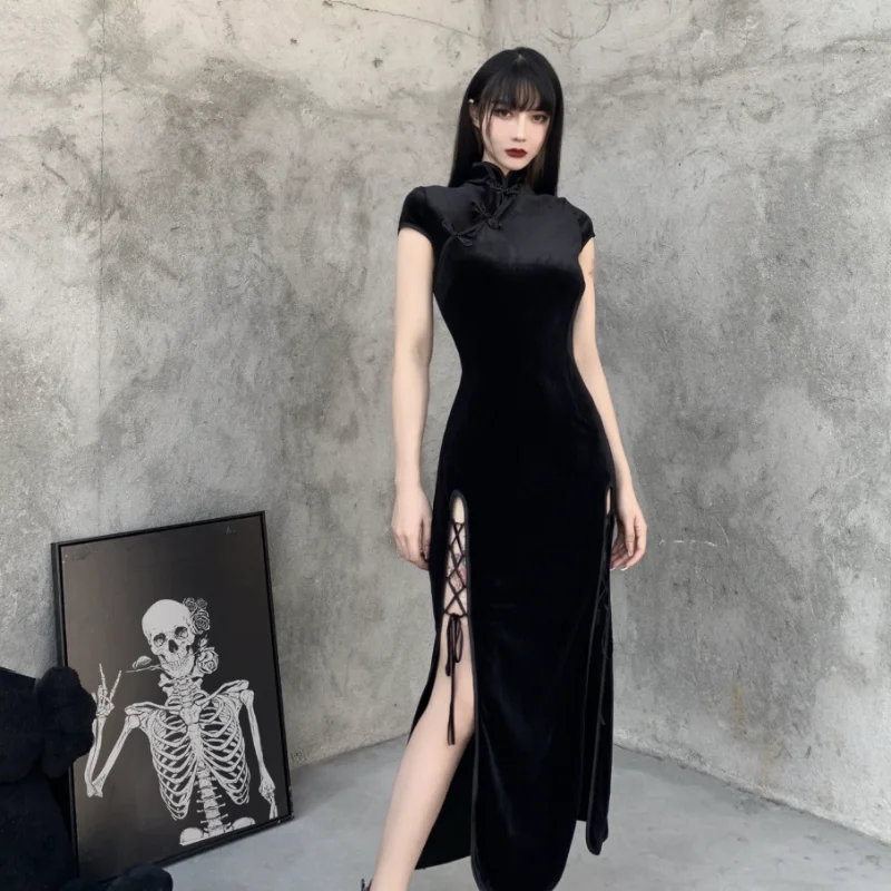 

Goth Dark Romantic Gothic Velvet Aesthetic Dresses Vintage Women Black Bandage Slit Hem Bodycon Dress Y2k Evening Wear Cheongsam
