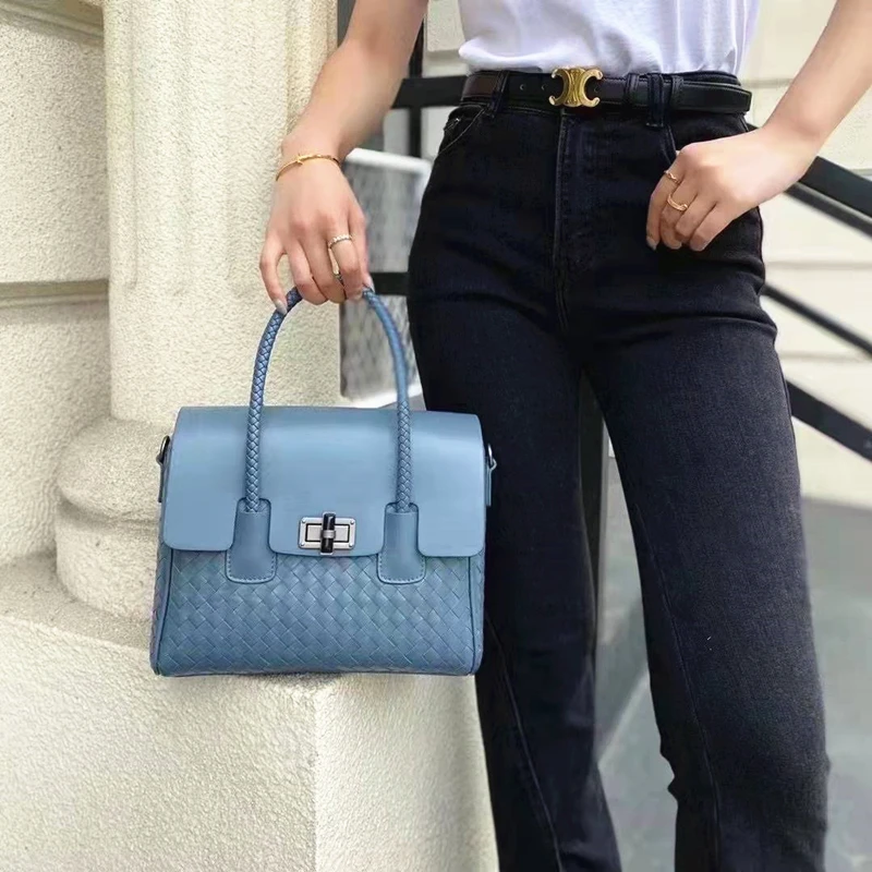 

Leather Womens Genuine Leather Handbag Brand Designer 100% Sheepskin Woven Bag Luxury Shoulder Messenger Blue Crossbody Bag