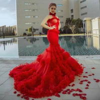 red tulle mermaid evening dresses high neck sleeveless pleated women long prom gowns plus size custom made sexy dress