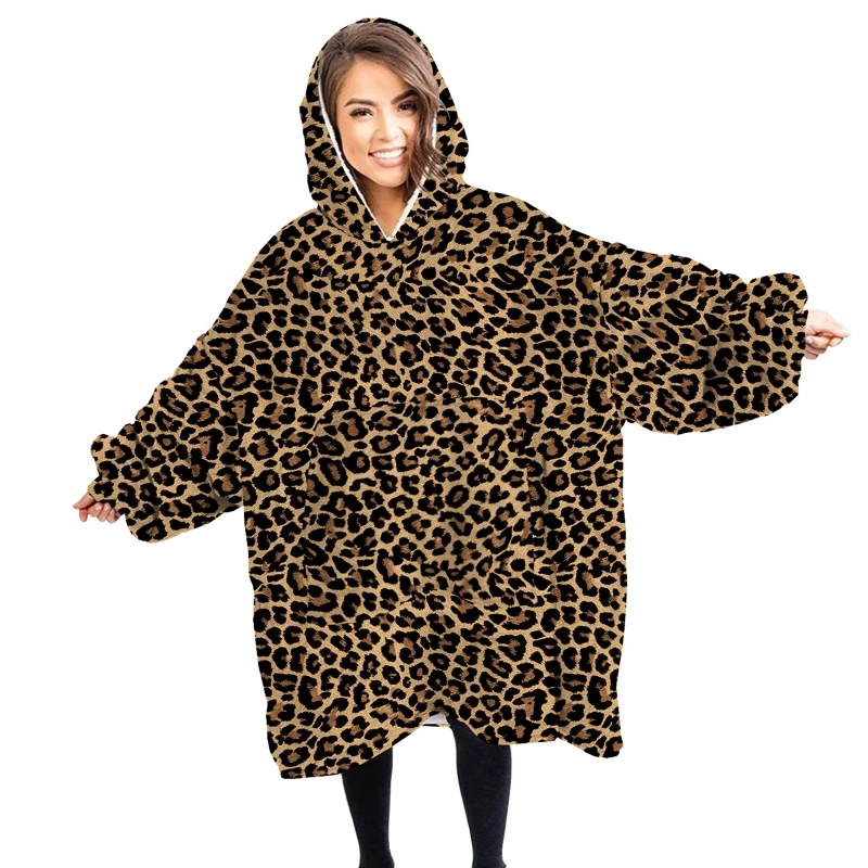

Women Men Oversized Blanket Hoodie Thicken Fluffy Plush Reversible Sweatshirt Tie-Dye Cow Print Winter Warm Pullover Wearable